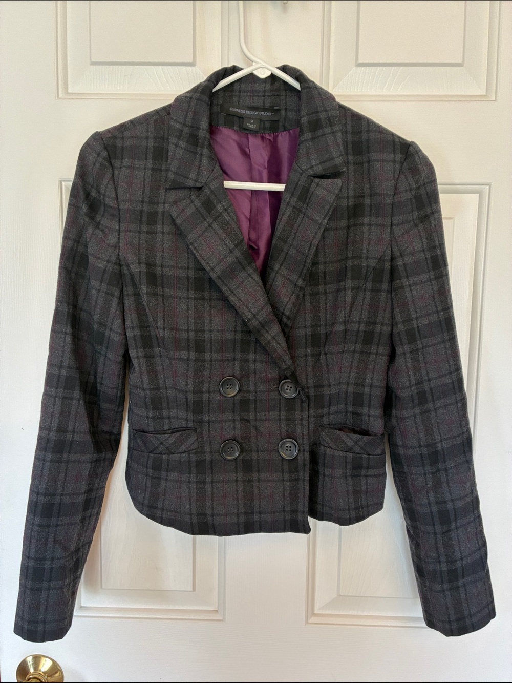 Express Blazer Gray Plaid Double-Breasted with Purple Lining